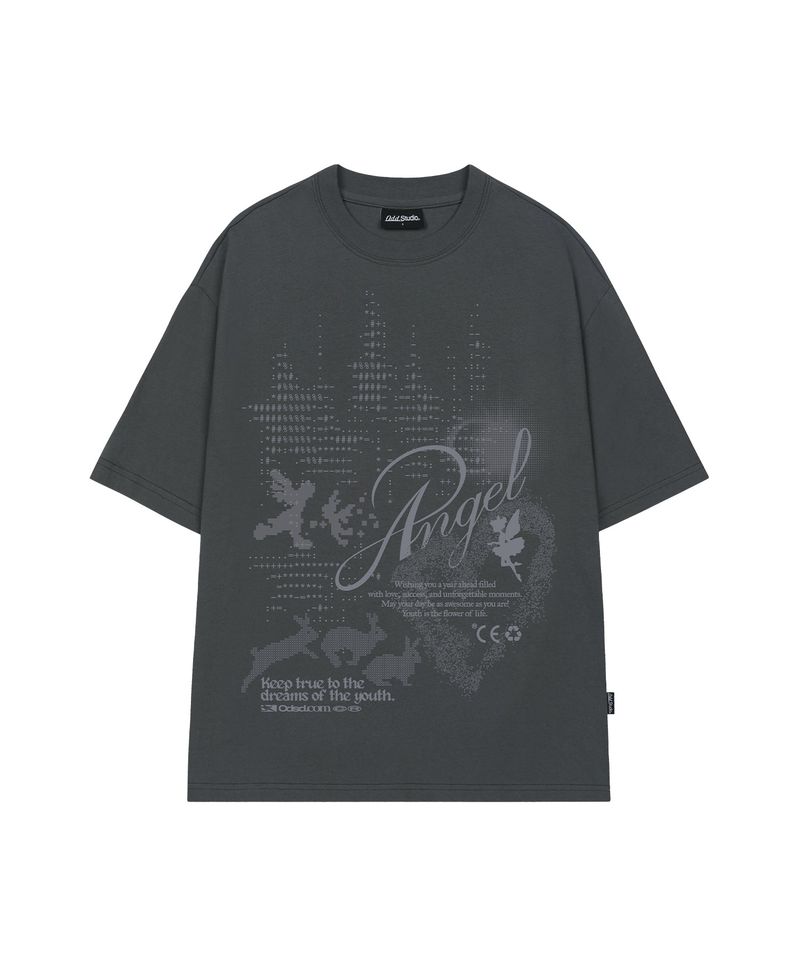 ODDSTUDIO（オッドスタジオ）の「エンジェルラビットアスキーグラフィックオーバーフィットTシャツ - ライトチャコール（トップス）」
