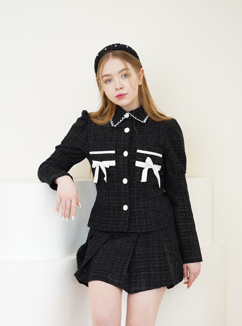 set tweed romantic jacket skirt black
