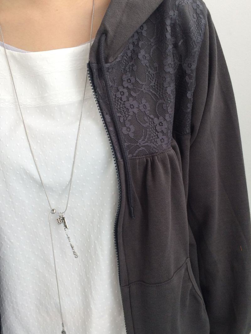 Flower Lace Half-Shirring Hooded Zip-Up