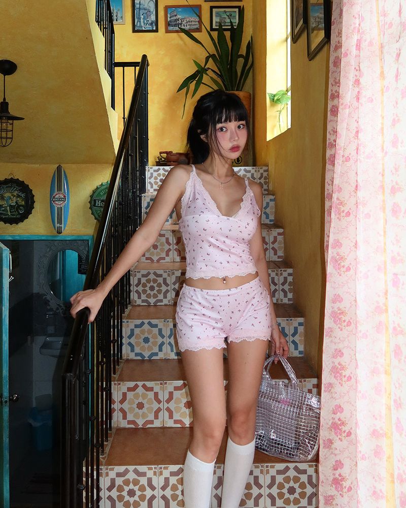 Flower Lace Sleeveless & Shorts Two-piece Set