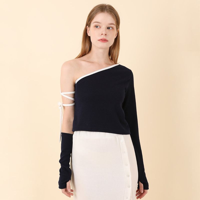 Strap Off Shoulder Warmer T-shirt Navy