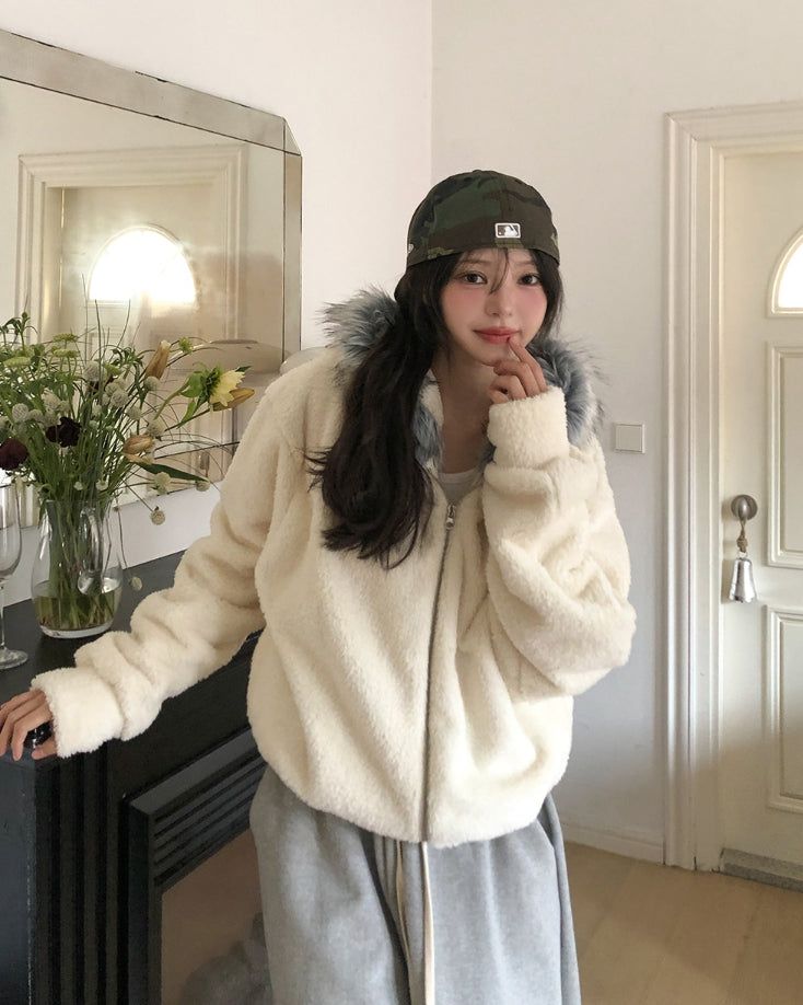Fame Fleece Raccoon Fur Hooded Zip-Up