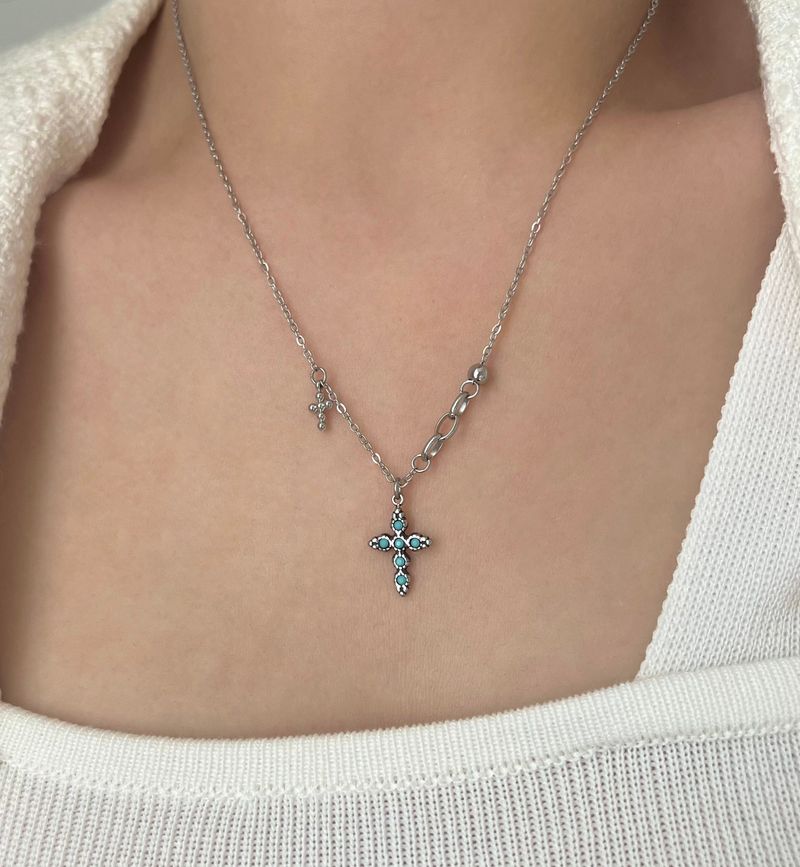sif color twin cross turquoise vertical double ball short long layered gemstone necklace