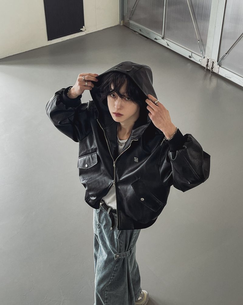 [PREMIUM/MADE] Nut leather label crop hooded jumper