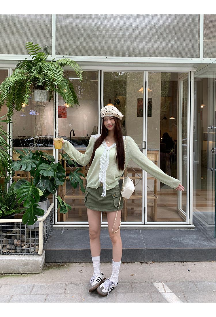 Mint green lace thin V-neck knitwear