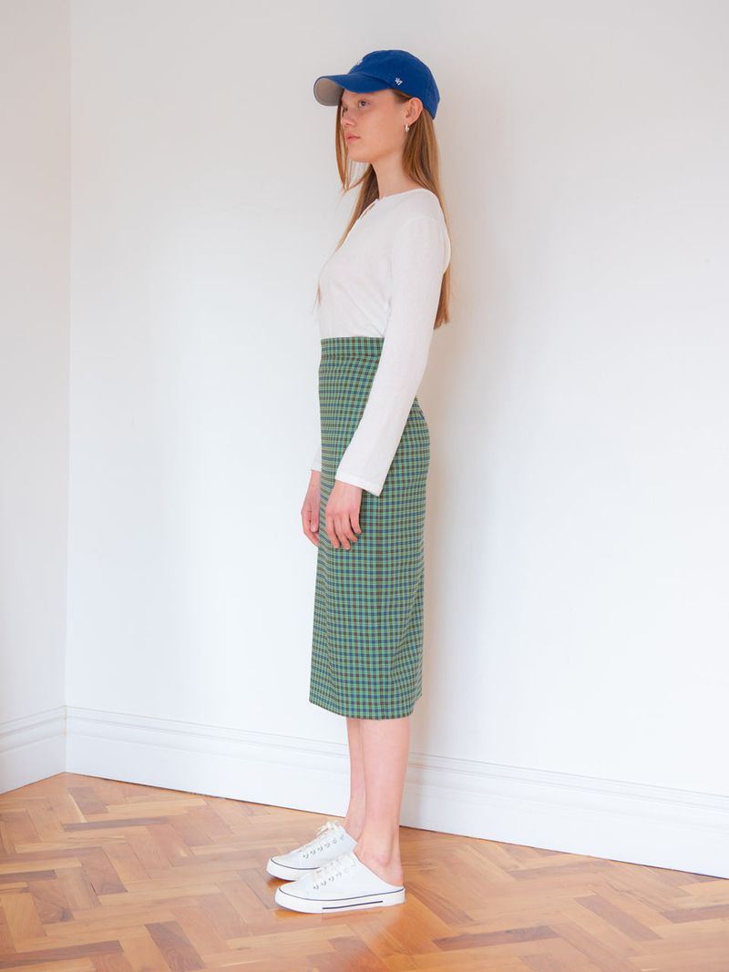 CHECK MIDI SKIRT_GREEN