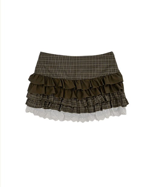 deep woody brown check & lace cancan sk