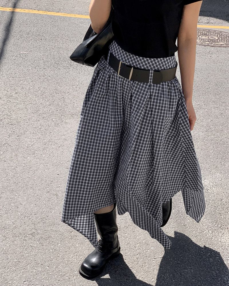 Morang check skirt & belt set