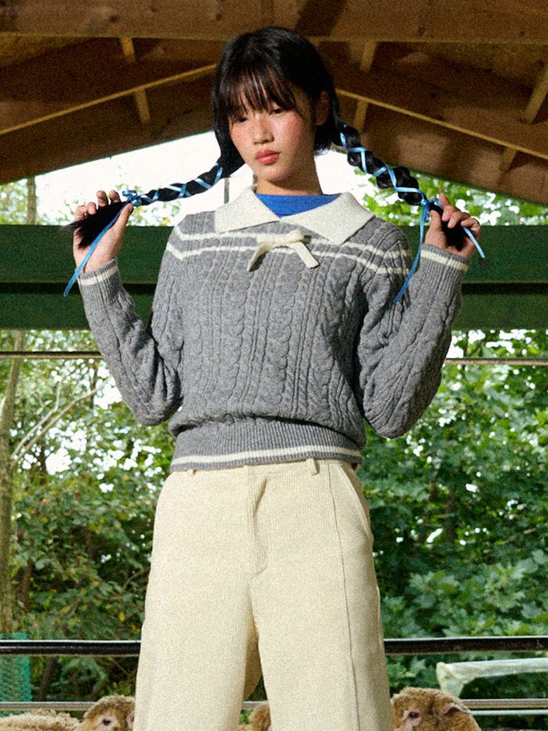 VITALSIGN（バイタルサイン）の「Ribbon Line Collar Wool Knit (Gray)（Tops）」