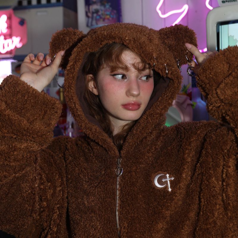 0 1 punk bear fleece jacket - BROWN