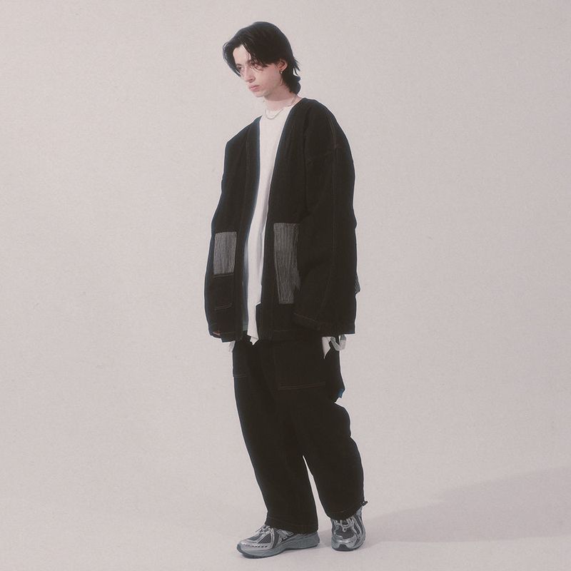 stripe patch denim pants_black