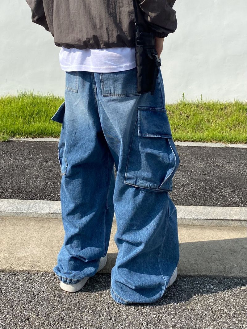 diagonal Washing balloon cargo denim pants 2C