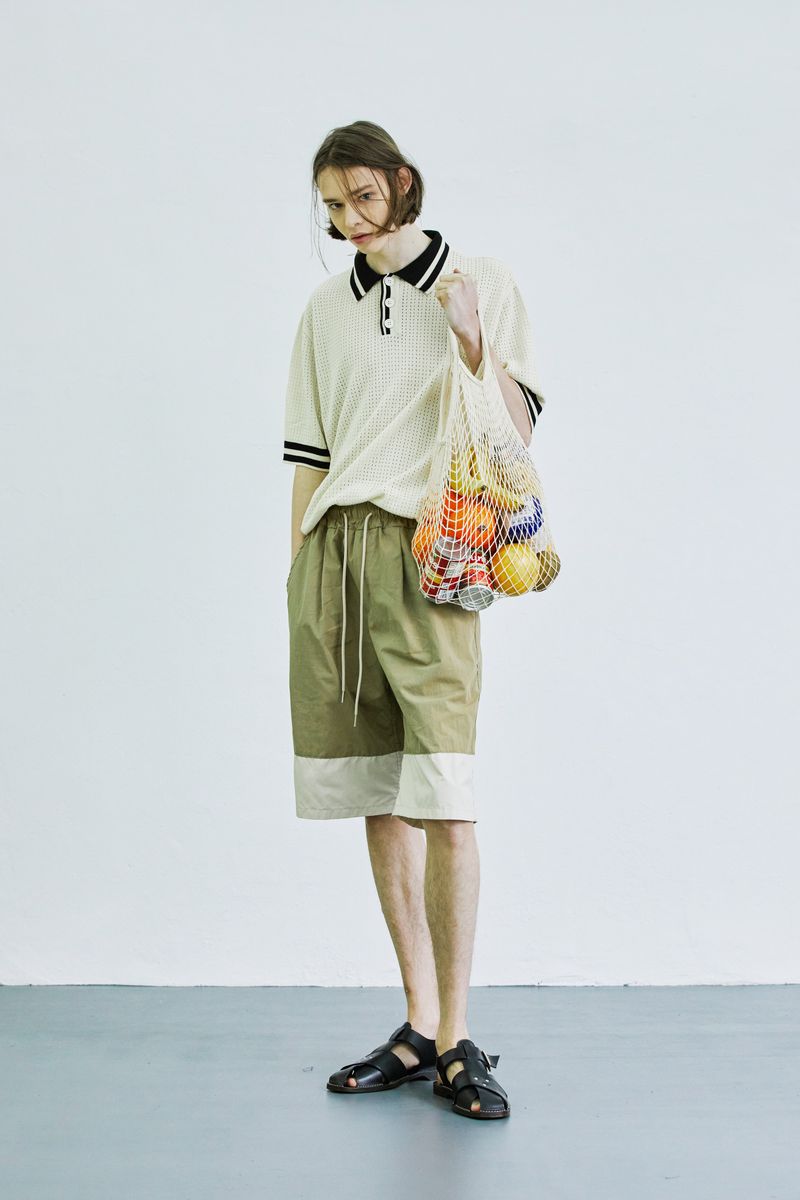 color block banding half nylon pants beige