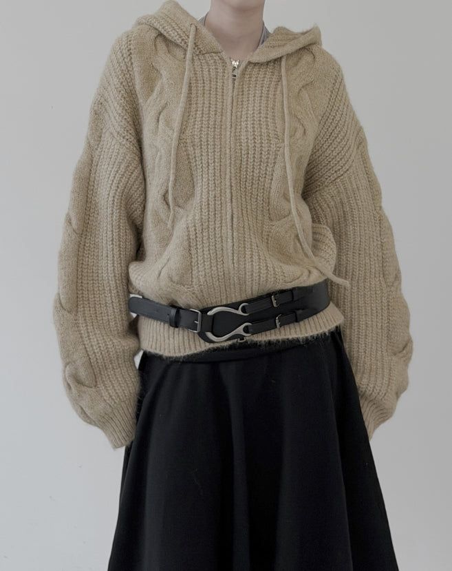 Cable Two-Way Knit Hood Zip-Up