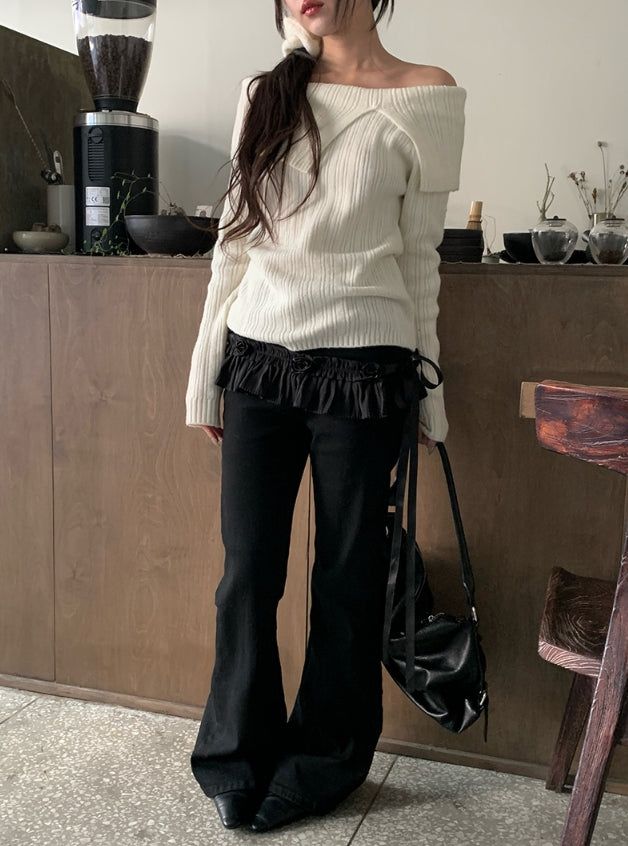 Fuzz Collar Rib Off-Shoulder Slit Long Sleeve Knit