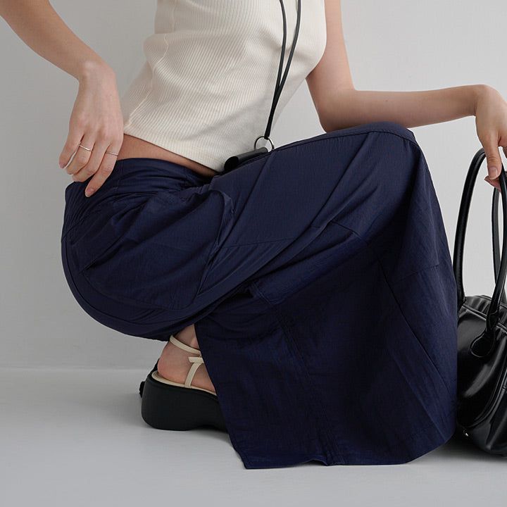  [made/free.xl] [Cheney] String A-Line Cargo Nylon Slit Long Skirt -5color