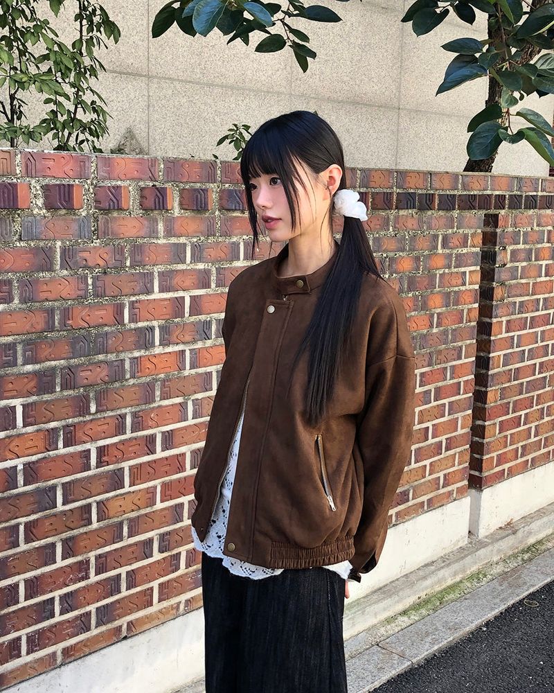 Shait Suede No Collar Snap Button Zipper Pocket Blouson Jacket