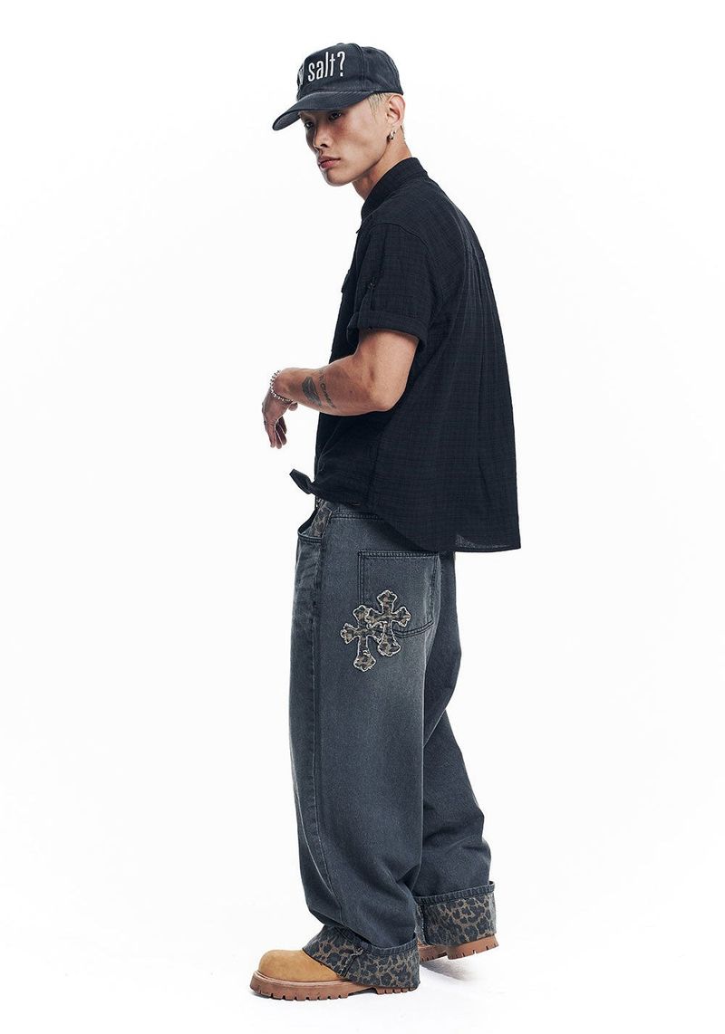Leopard Cross Patch Roll-Up Denim Pants - Black
