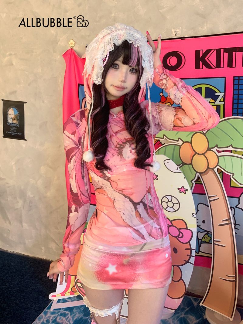 allbubble（オールバブル）の「allbubble ピンクワールドレースフードTシャツ（トップス）」