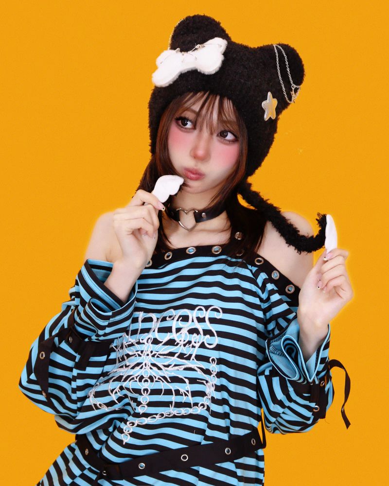funky-girl striped long T+warmer (2color)