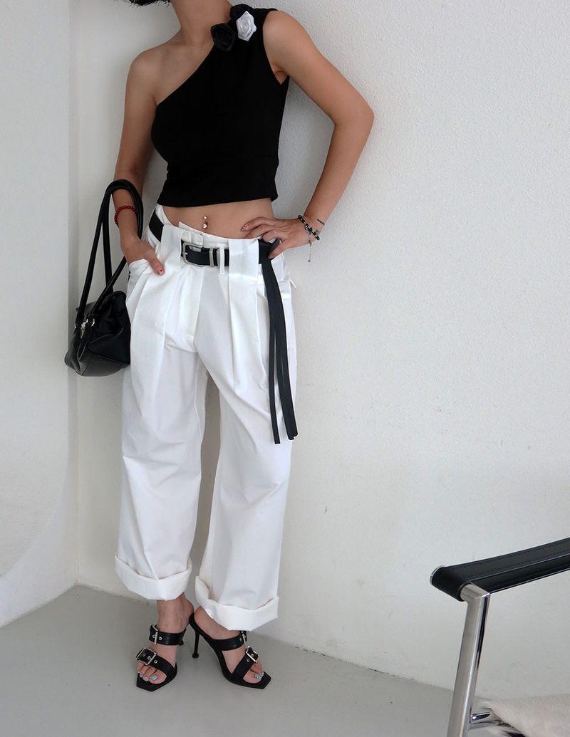 Rose Cosage 3ps Detachable Unbalanced Shoulder Sleeveless