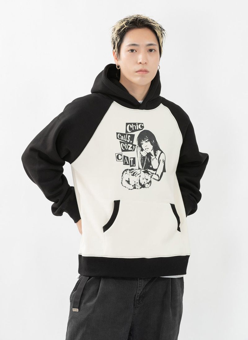 COZY CAT RAGLAN HOODIE (BLACK BEIGE)