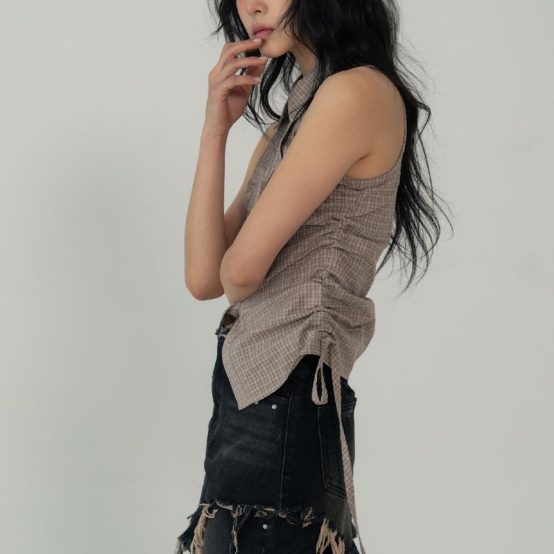 SLEEVLESS SHIRRING SHIRTS (BEIGE)