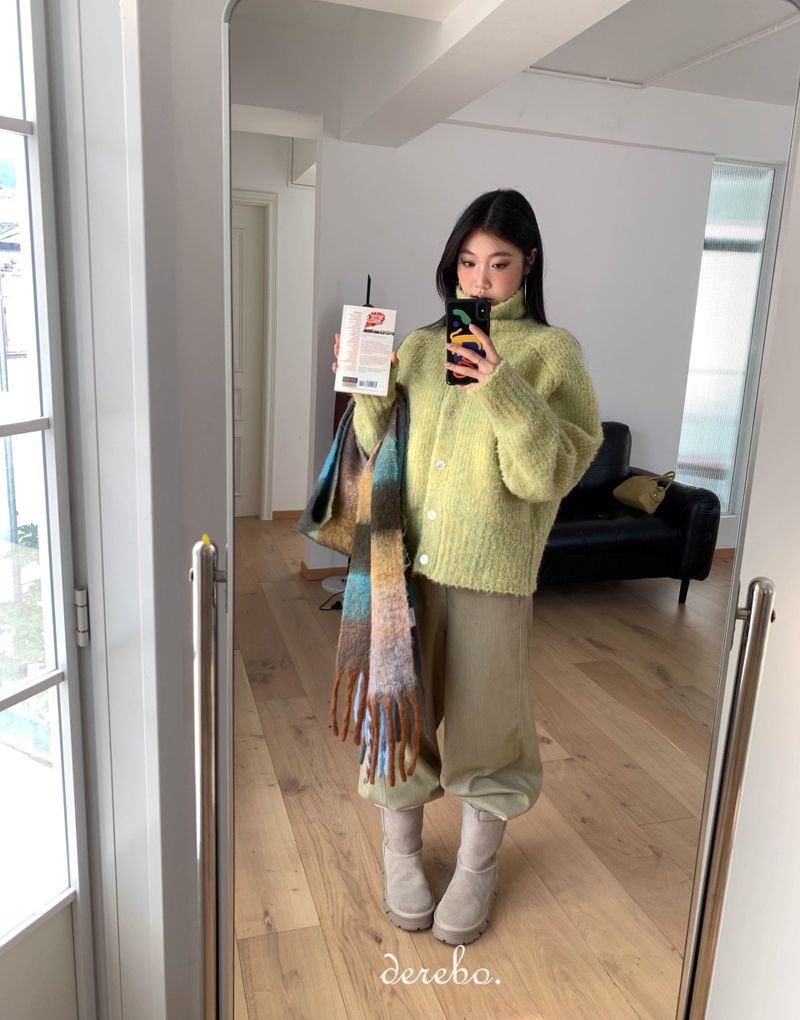 Tender Green Turtleneck Knit Cardigan