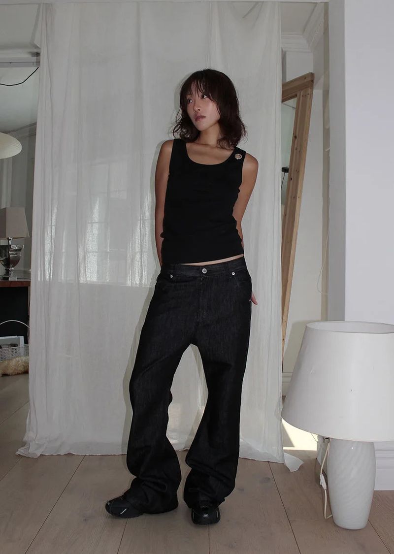 UNISEX) LEATHER STITCH FLARE DENIM (S-L)