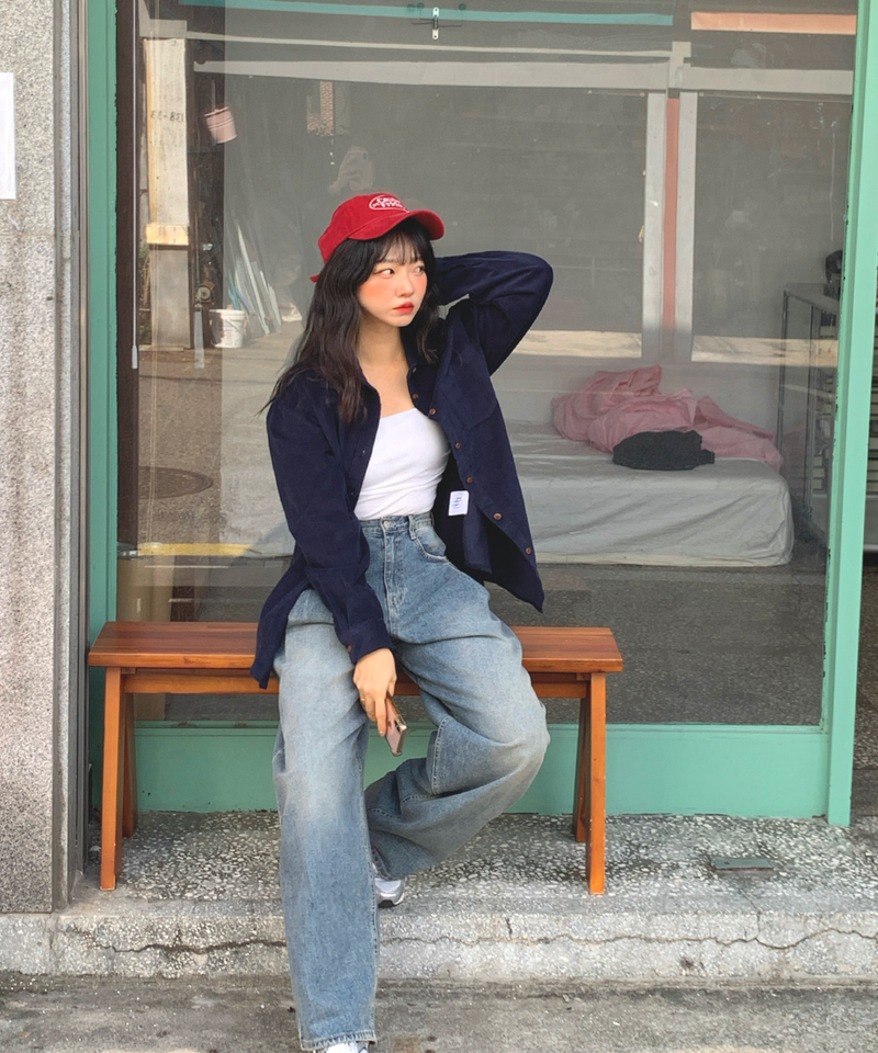 Corduroy Collar Shirt Shirt Blouse Basic Item Cotton