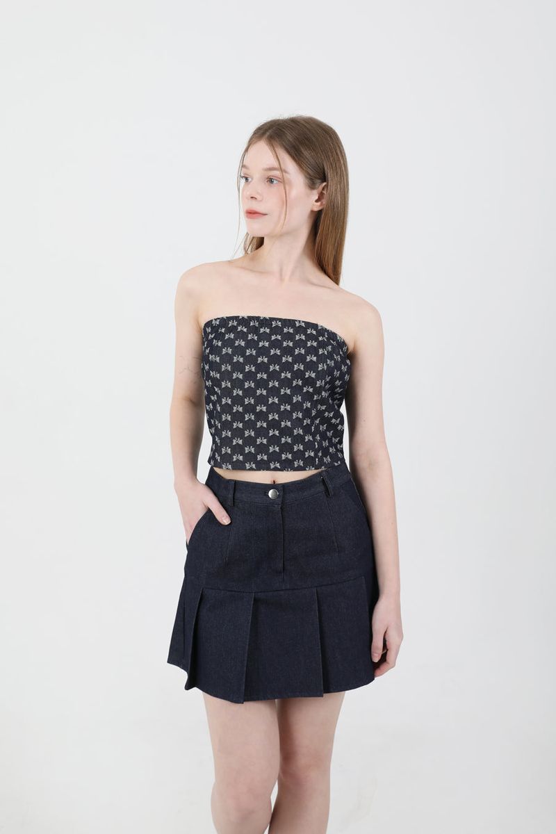 Denim Ribbon Crop Top Dark Blue