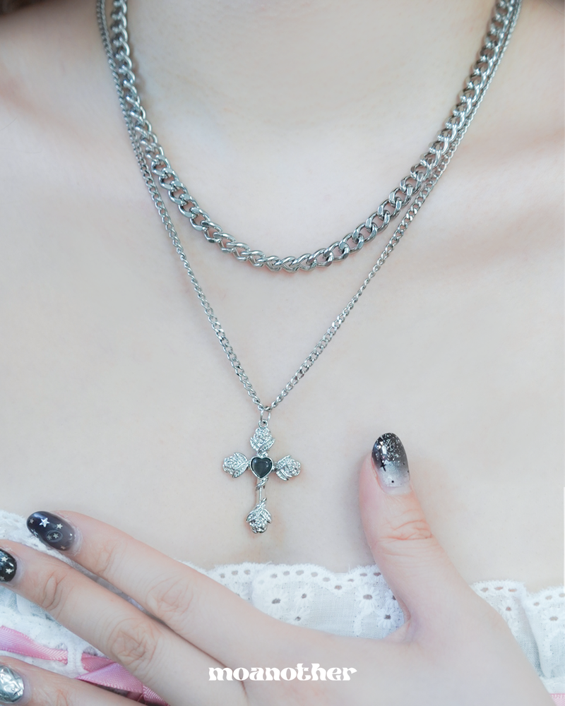 [S.Steel] Rose Cross Layered Necklcae