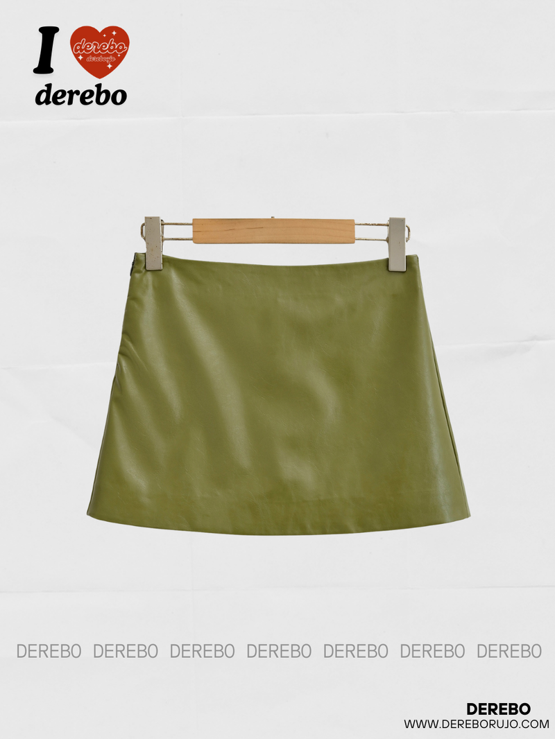 Olive leather A-line mini skirt