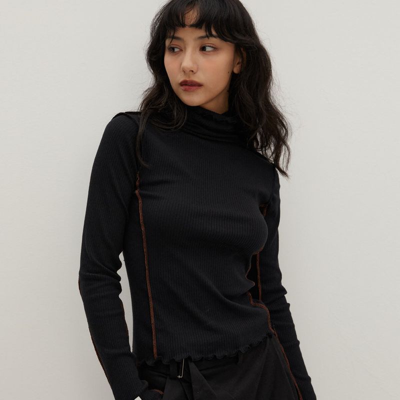 Contrast Interlock Turtle Neck T/Shirts Black