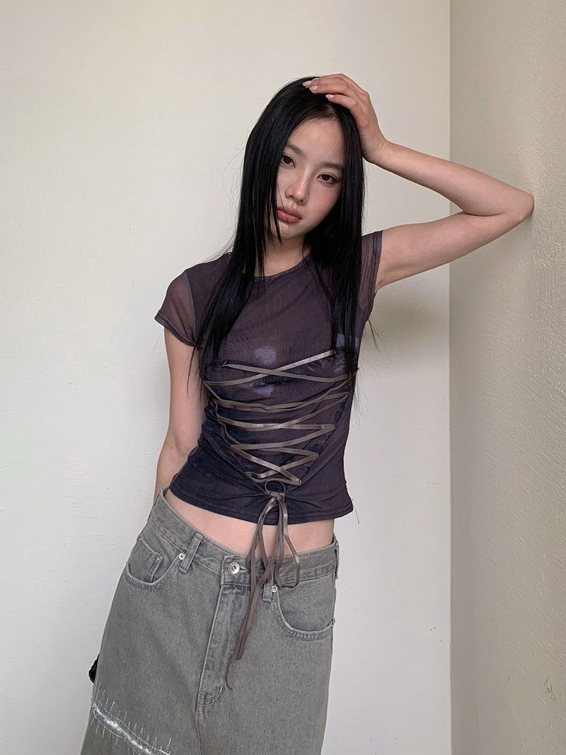 dereborujo（ドレボルゾー）の「Corset strap back see-through short sleeve T-shirt（Tops）」