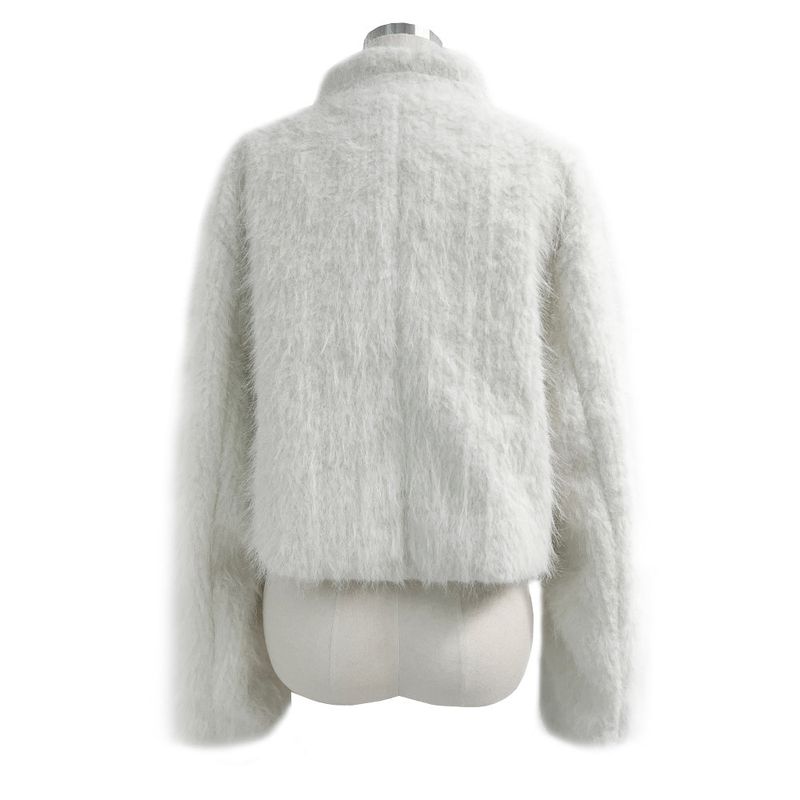 Classic Metal Wave Double Button High Neck Fur Coat (White)