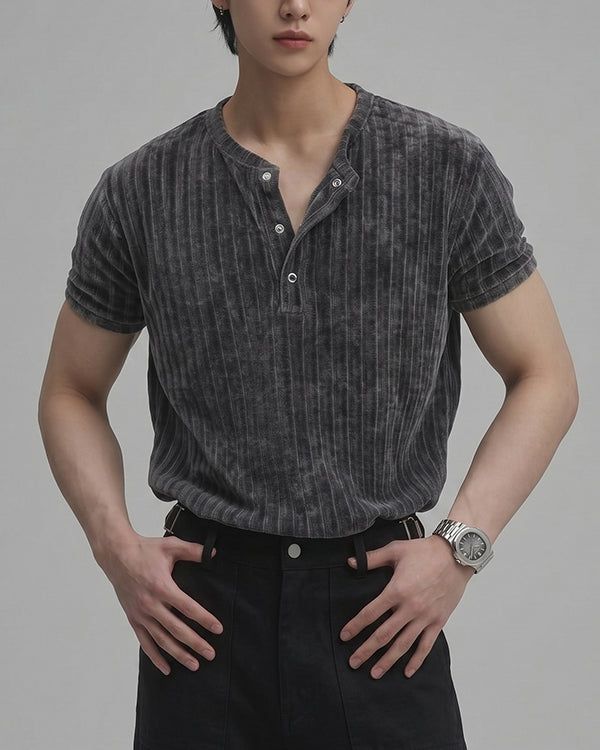 (M's) Ribbed Velour Henley Neck Tee 26SS-011