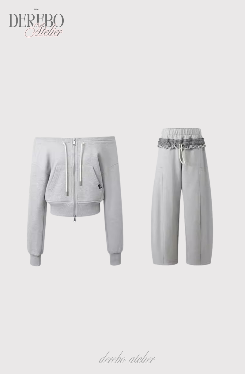 Grey off-shoulder zip-up frill training setup (SET)