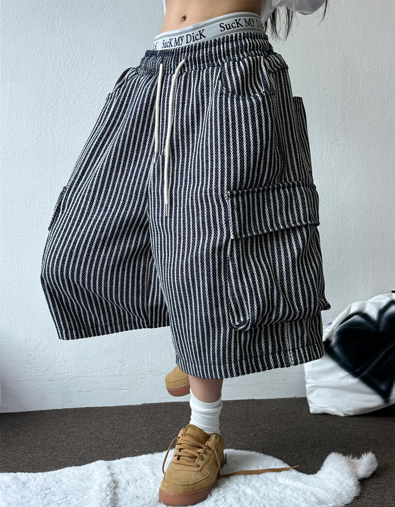 STRIPE CARGO BALLOON BERMUDA 💙🖤🤍2COLOR