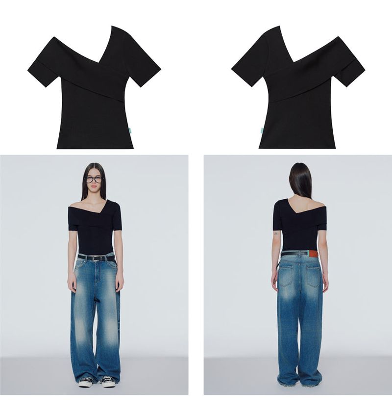 Short-sleeved sim one-shoulder sweater