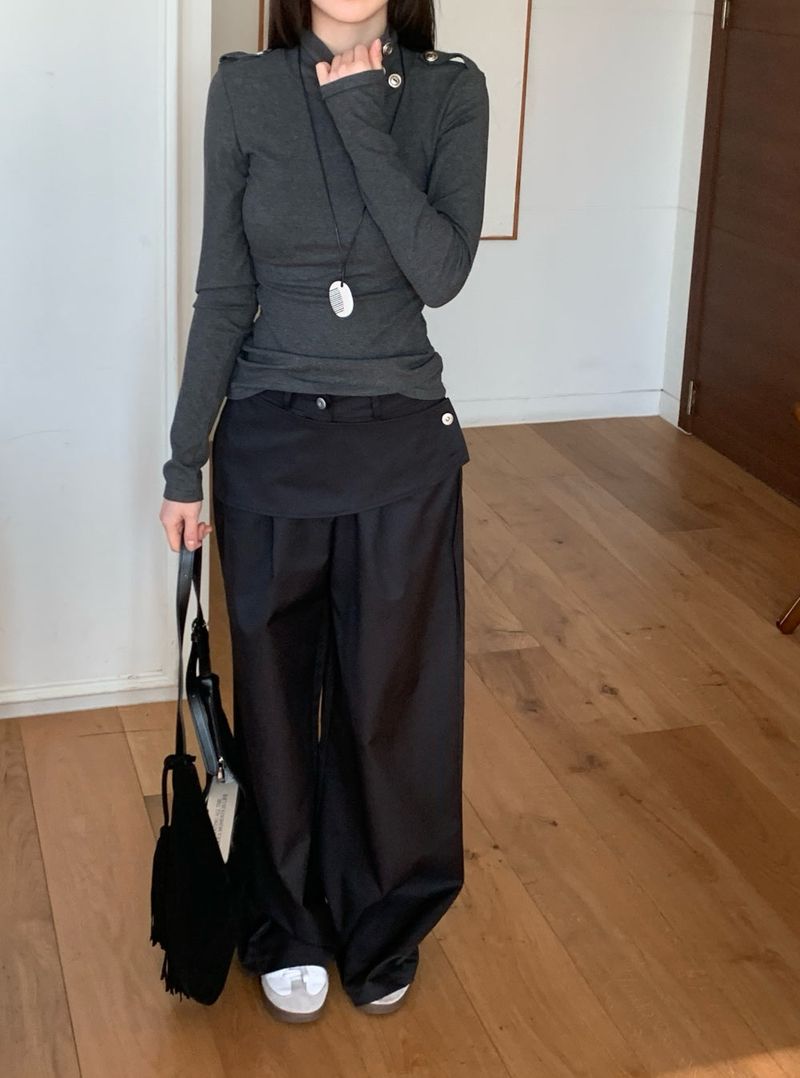 Close Pintuck Wrap Two Button High Waist Long Wide Pants