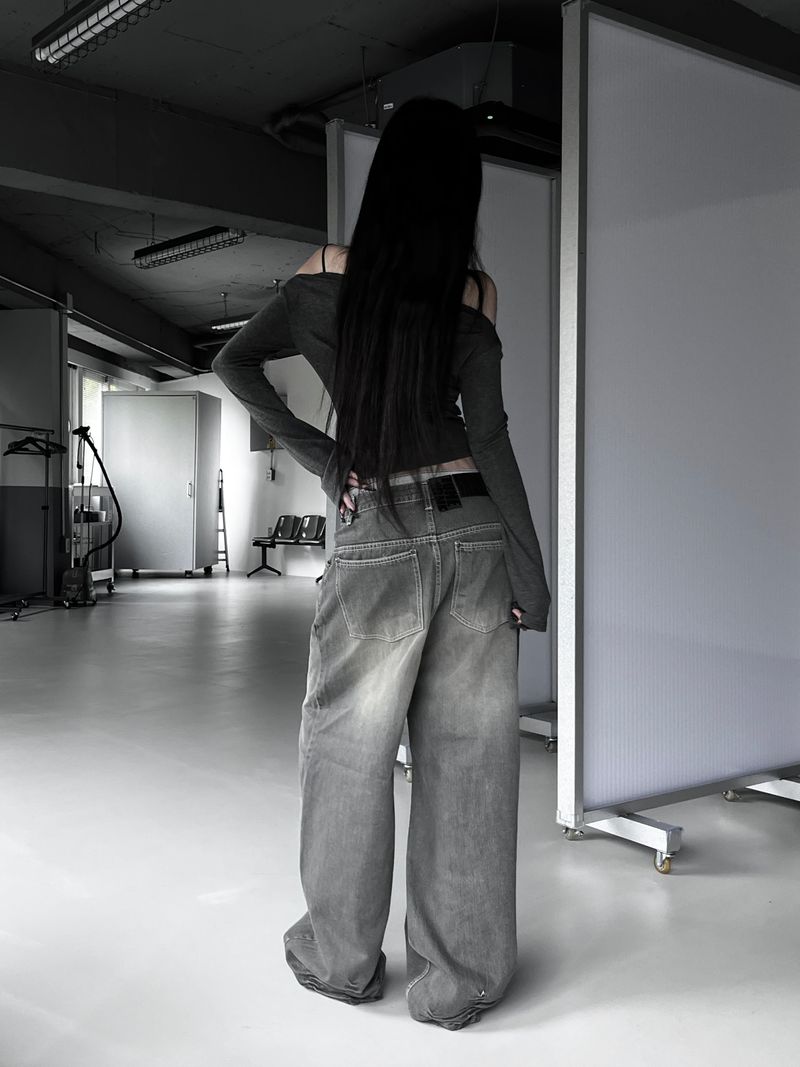 gray shirring washed denim