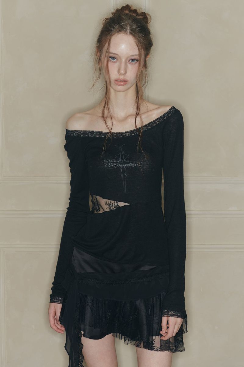 LACE BOATNECK TOP black
