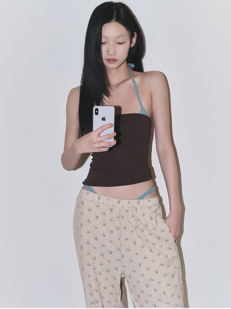 Floral Pattern Waffle Loose fit Pants_Dusty Beige