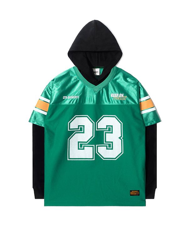 QT8 GARMENTS（キューティーエイトガーメント）の「OC Football Layered Hoodie Jersey (Green)（Tops）」