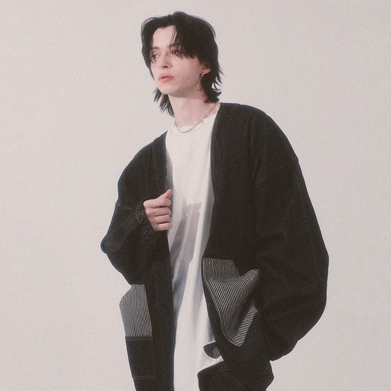 stripe patch denim cardigan_black