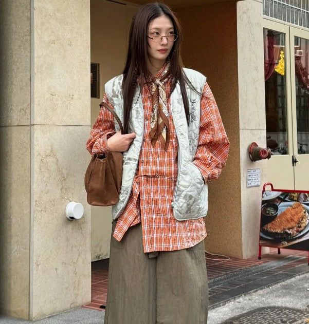 クロップデタッチャブルクリースチェックシャツ S167 パーシモンオレンジ