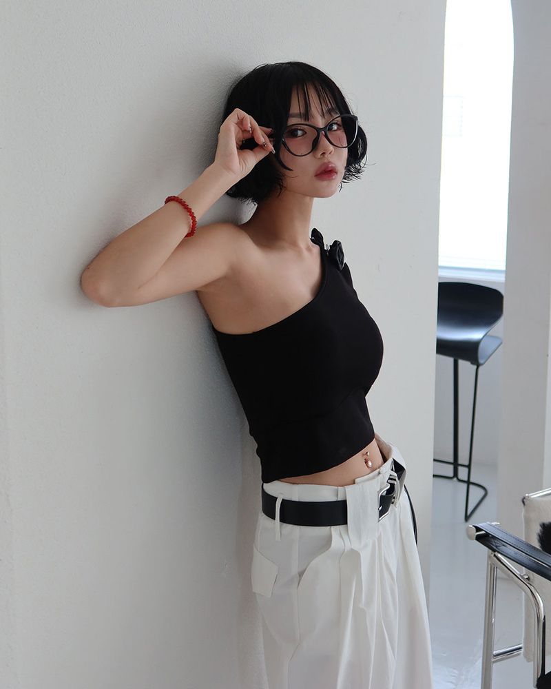 Rose Cosage 3ps Detachable Unbalanced Shoulder Sleeveless