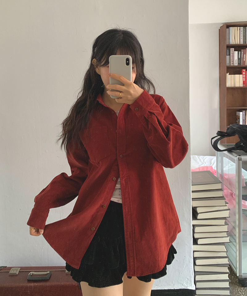 Corduroy Collar Shirt Shirt Blouse Basic Item Cotton
