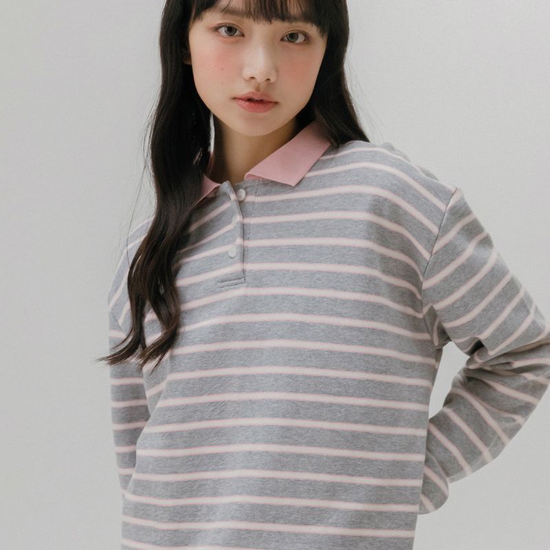 mellotory(メロートリー)の「SOFT COLLAR STRIPE T-SHIRT (LIGHT GRAY)(Tops)」